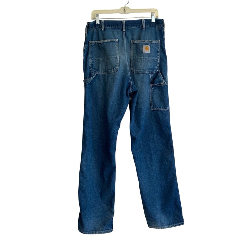 Vintage 90s Y2K Carhartt Distressed Feathered Faded Denim Blue Jeans Size 34x34 - Picture 4 of 14